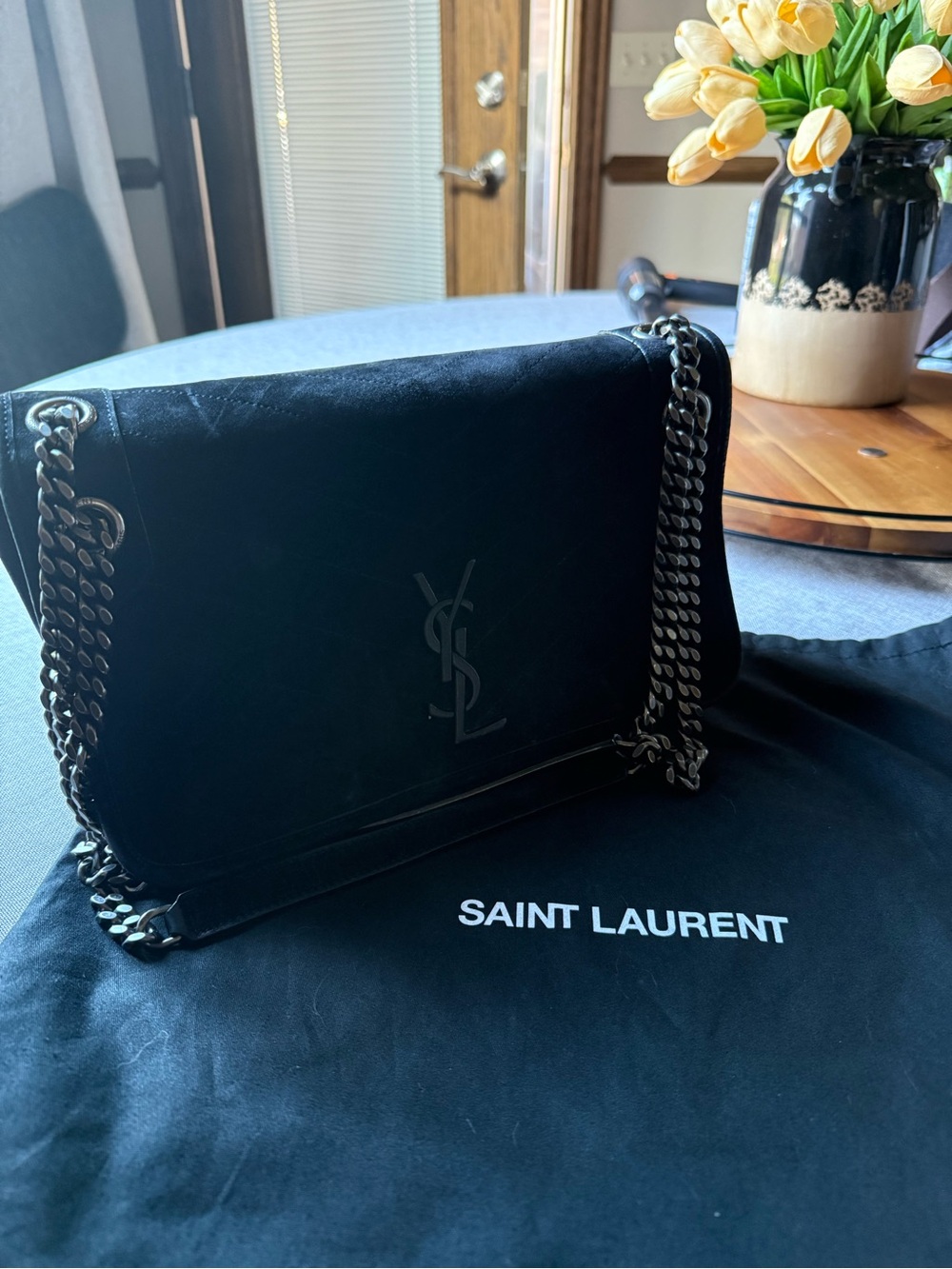 Authentic!!! Saint Laurent Black Quilted Leather Shoulder Bag with Chain Strap